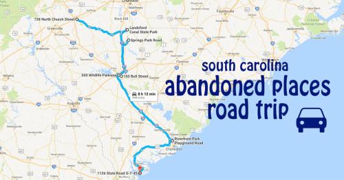 Map of South Carolina highlighting a road trip route to abandoned places, with key locations marked along the way.