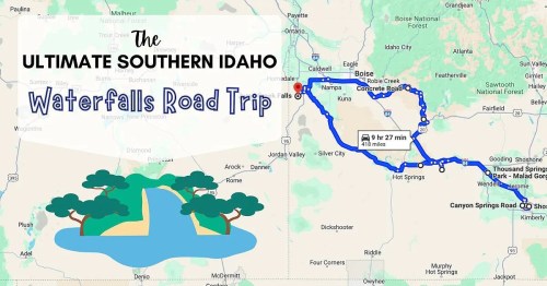 Map highlighting a road trip route in Southern Idaho, featuring waterfalls, with a playful design and travel time noted.