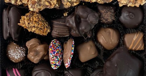 closeup of a box of assorted chocolates