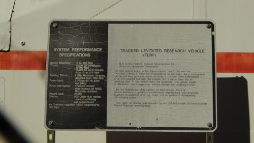 Sign detailing specifications for the Tracked Levitated Research Vehicle (TLRV) and its performance metrics.