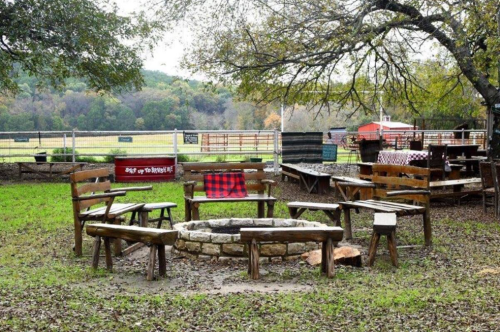 A rustic outdoor seating area with wooden benches around a stone fire pit, surrounded by greenery and a fence.