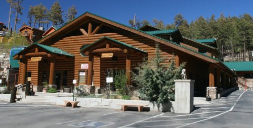 A large log cabin-style building surrounded by trees, with a parking area in front and a clear blue sky above.