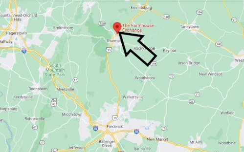 Map highlighting "The Farmhouse Exchange" location in relation to nearby towns and highways.