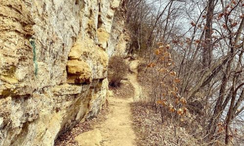 A narrow dirt path winds along a rocky cliff, surrounded by bare trees and sparse vegetation.