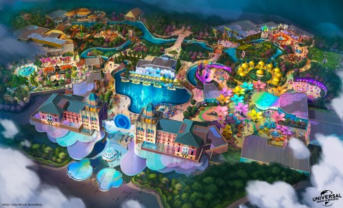 A colorful aerial view of a vibrant amusement park with rides, water attractions, and lush landscaping.