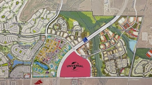 Map showing a planned development area with residential zones, parks, and a section labeled "Universal."