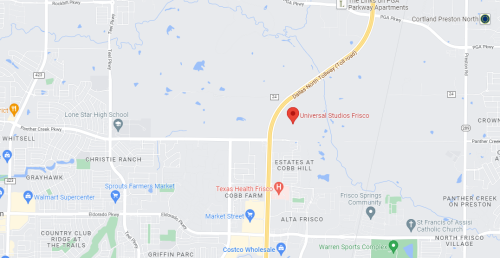 Map showing the location of Universal Studios Frisco, near major roads and nearby landmarks.