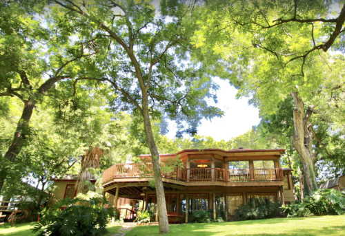 A spacious wooden house surrounded by lush green trees and a bright blue sky.