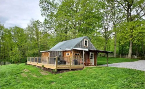 A rustic wooden cabin with a metal roof, surrounded by green trees and a grassy area, featuring a deck and fence.