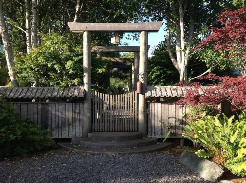 A serene entrance gate surrounded by lush greenery and trees, leading to a peaceful garden area.
