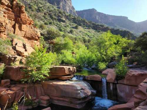 A serene landscape featuring a small waterfall, lush greenery, and rocky cliffs under a clear blue sky.