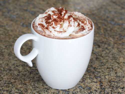 A white mug filled with hot chocolate topped with whipped cream and cocoa powder, resting on a granite surface.