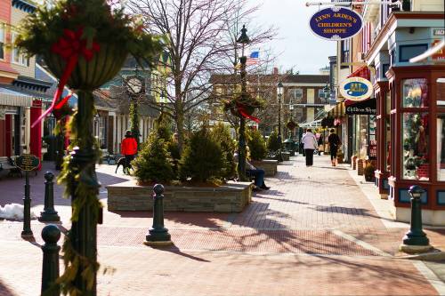 A charming street lined with shops, decorated for the holidays, with people walking and greenery in planters.