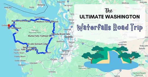 Map of Washington highlighting the Ultimate Waterfalls Road Trip route, featuring key trails and scenic locations.