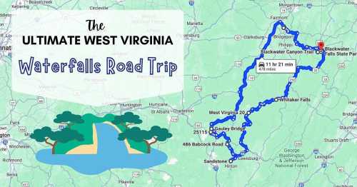 Map of a road trip route in West Virginia highlighting waterfalls, with a travel time of 11 hours and 21 minutes.