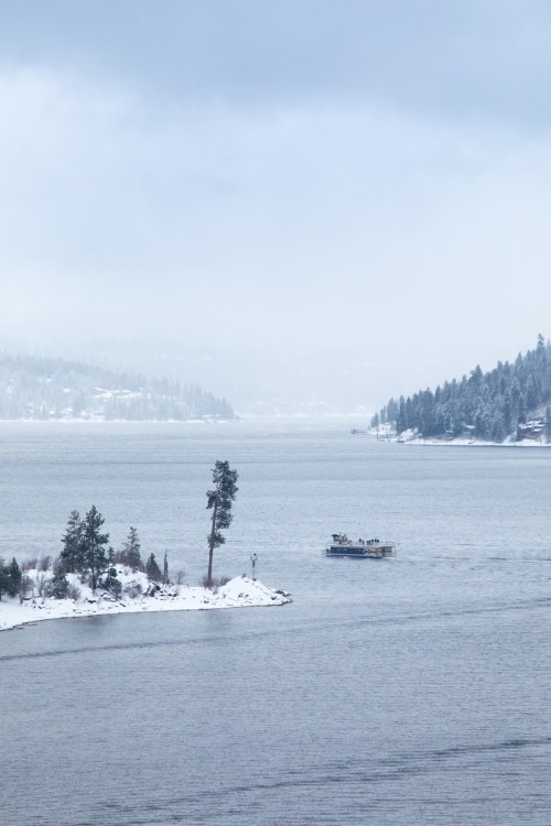 A serene winter landscape featuring a snowy lake, a lone tree, and a small boat in the distance under cloudy skies.