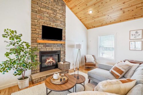 Cozy living room with a stone fireplace, wooden ceiling, comfortable seating, and a potted plant.