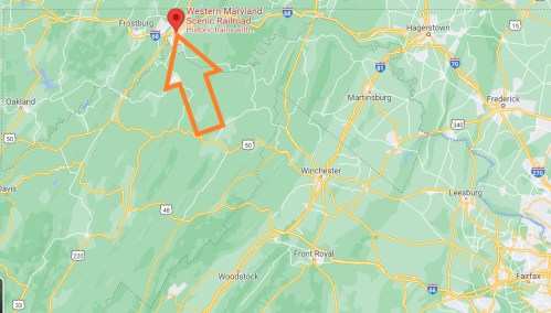 Map highlighting the location of the Western Maryland Scenic Railroad near Frostburg, Maryland.