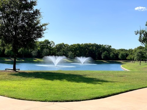 A serene park scene featuring a pond with two fountains and lush green grass under a clear blue sky.