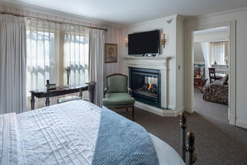 Cozy hotel room featuring a fireplace, TV, and elegant decor with a view of the outdoors.