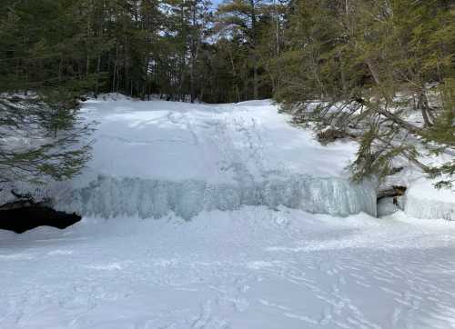 A snowy landscape with a frozen waterfall and trees in the background, creating a serene winter scene.