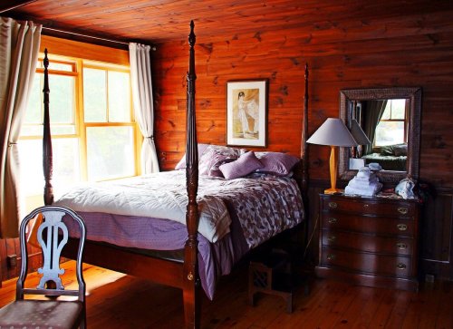 Cozy bedroom with wooden walls, a four-poster bed, a dresser, and a mirror, featuring soft lighting and decorative accents.