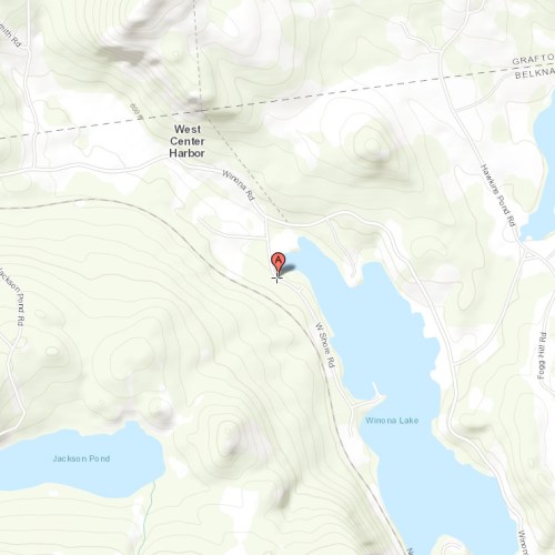 Map showing West Center Harbor area with Winona Lake and nearby roads marked. A red pin indicates a specific location.