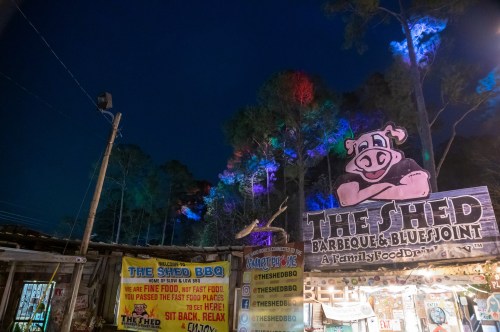 A lively outdoor barbecue joint at night, featuring colorful lights and a large pig sign. Trees are illuminated in the background.