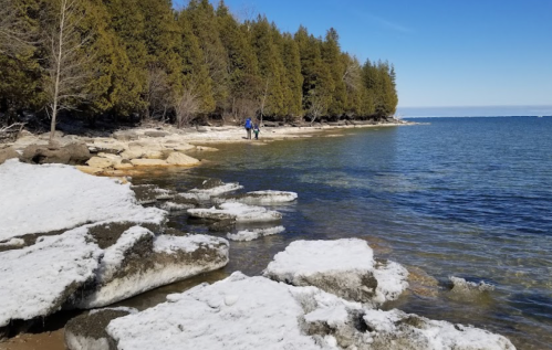 A snowy shoreline with rocky outcrops and trees, featuring two people walking along the water's edge.