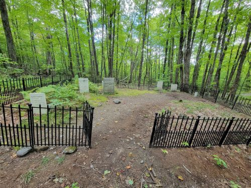 A small, fenced cemetery surrounded by lush green trees, featuring several gravestones on a dirt path.