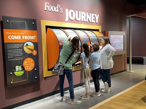 A family explores an interactive exhibit titled "Food's Journey," learning about food sources and production.