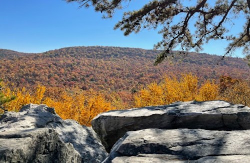A scenic view of colorful autumn foliage across rolling hills, framed by rocky outcrops and a clear blue sky.