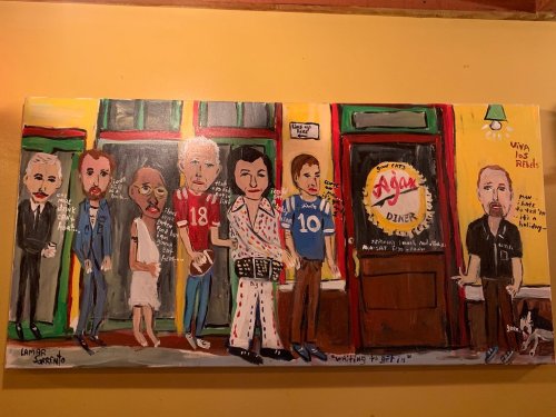 A colorful painting of six people in front of a diner, each with unique outfits and expressions, set against a vibrant background.