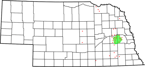 Map of Nebraska highlighting specific locations with green and red dots, indicating different data points or regions.