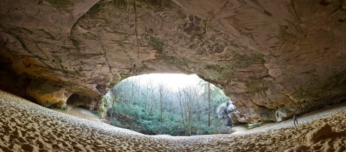 A panoramic view of a large cave opening with sandy ground and lush greenery in the background.
