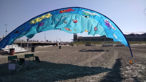 A colorful beach canopy with marine life designs, set up on a sandy beach with empty chairs in the foreground.