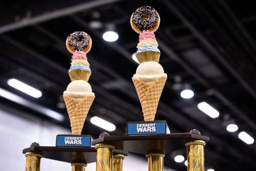 Two towering dessert trophies featuring ice cream cones topped with donuts and colorful sprinkles, labeled "Dessert Wars."