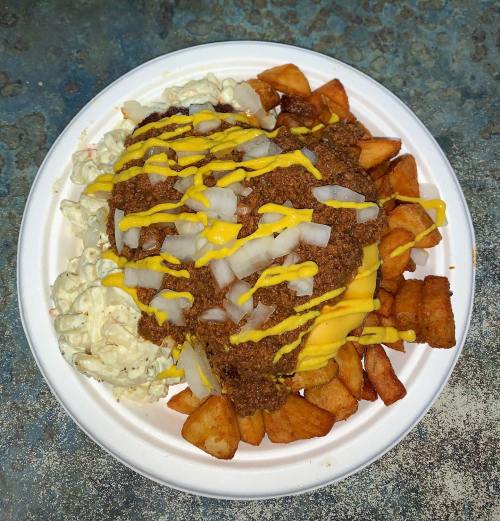 A plate of loaded fries topped with chili, cheese, onions, and a side of coleslaw.