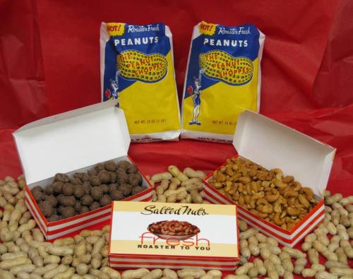 Two bags of peanuts, two boxes of mixed nuts, and a box labeled "Salted Nuts" on a red background with peanuts scattered.