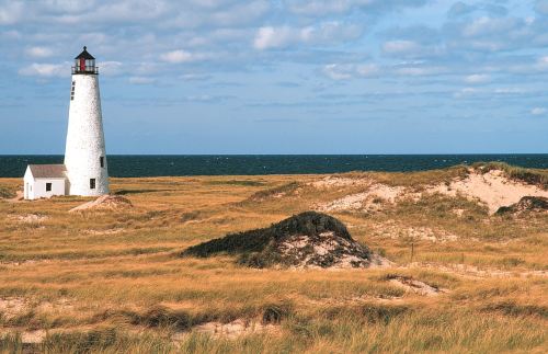 A white lighthouse stands on sandy dunes with tall grass, overlooking a calm ocean under a partly cloudy sky.