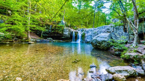A serene waterfall cascades into a clear pool, surrounded by lush green trees and rocky terrain.