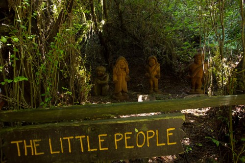A wooden sign reading "THE LITTLE PEOPLE" in front of a forest path with carved figures among lush greenery.