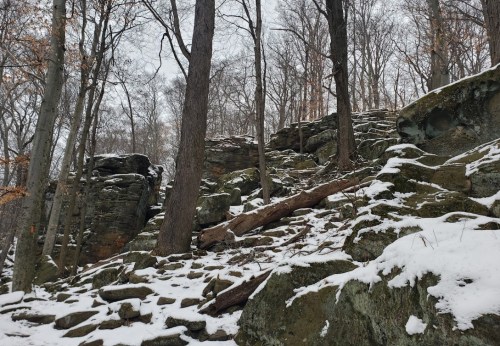 Rocky terrain covered in snow, surrounded by bare trees in a winter landscape.