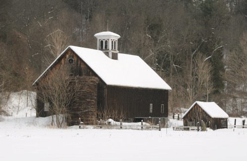 A rustic barn and small shed covered in snow, surrounded by trees in a winter landscape.