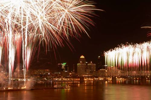 Colorful fireworks illuminate the night sky over a city skyline, reflecting on the water below.