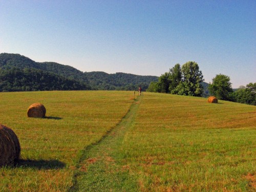 A grassy field with hay bales, a path leading to a person walking, and rolling hills in the background under a clear sky.