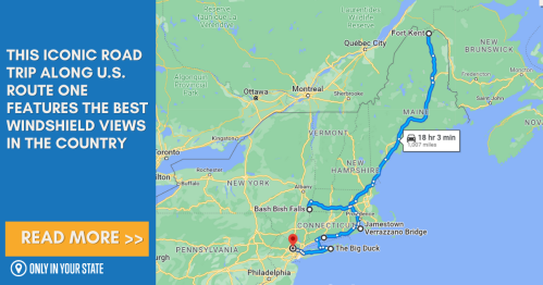 Map showing U.S. Route One road trip from Fort Kent, Maine, to The Big Duck, New York, highlighting scenic views.