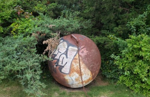 A rusty, graffiti-covered buoy partially hidden among lush green foliage.