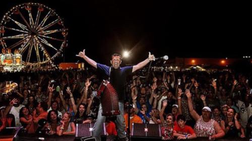 A performer on stage with a microphone, surrounded by a cheering crowd and a ferris wheel in the background at night.