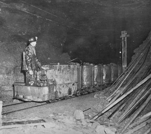 A miner operates a small cart on tracks inside a dark coal mine, surrounded by piles of coal and wooden supports.